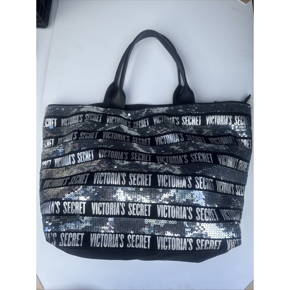 Victoria's Secret Limited Edition Sequin Tote Bag Black Silver Logo Shoulder Bag
